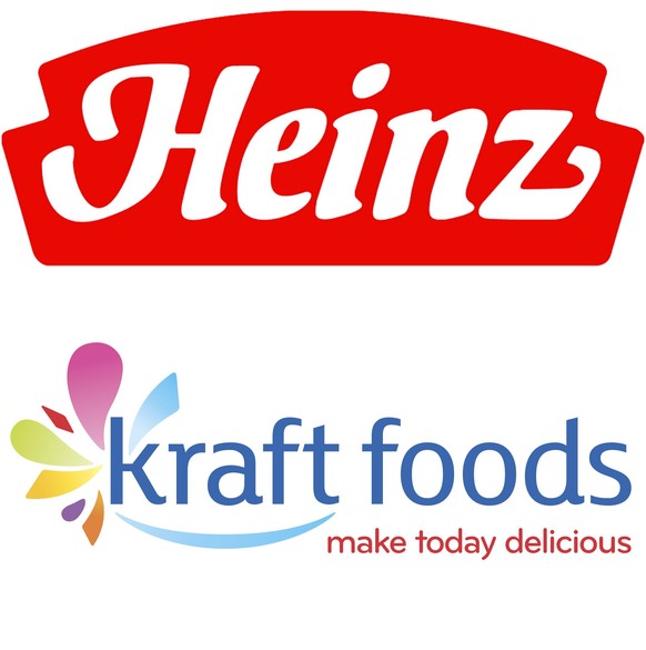 epa04678601 A undated composite handout image provided by the Heinz company (top) showing their logo and a handout image provided by Kraft Foods (bottom) of the company logo. Ketchup maker HJ Heinz an ...