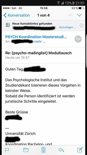 «Juristische Schritte eingeleitet»: Mailverkehr zwischen der Studienleitung des Psychologischen Instituts und Studenten.