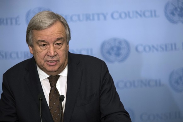United Nations Secretary-General Antonio Guterres speaks to reporters during a news conference, Wednesday, Feb. 1, 2017 at United Nations headquarters. (AP Photo/Mary Altaffer)