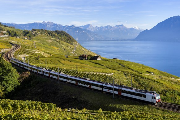 Un train regional RegioExpress, RER, de la compagnie CFF-SBB, circule dans Lavaux, patrimoine mondial de l&#039;humanite de l&#039;UNESCO, avec le lac Leman et les montagnes en arriere plan depuis Bou ...