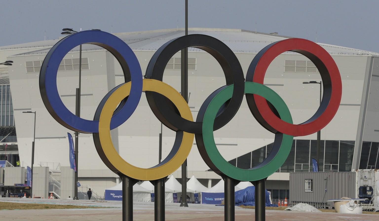 Olympic rings are seen in front of Gangneung Hockey Center in Gangneung, South Korea, Tuesday, April 4, 2017. South Korean Olympic organizers still hope to see NHL players competing at next year&#039; ...