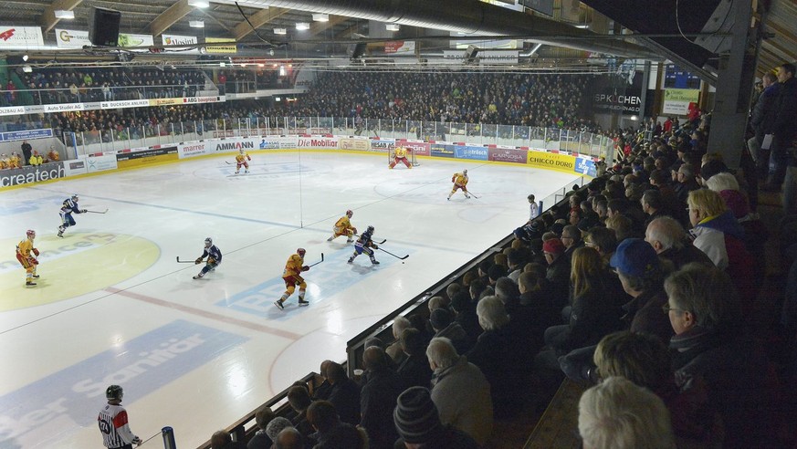 Fans verfolgen das Eishockeyspiel der National League B zwischen dem SC Langenthal und den SCL Tigers am Samstag, 30. November 2013 in der Schorenhalle in Langenthal. (KEYSTONE/Lukas Lehmann)