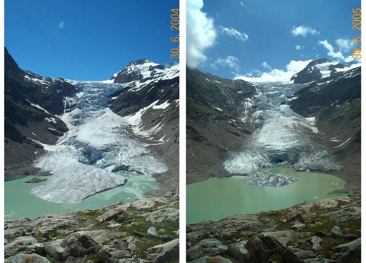 HANDOUT  Unser Combo zeigt zwei Fotos vom Triftgletscher aufgenommen vom selben Standort am 30. Juni 2004 (links) und am 30. Juni 2005 (rechts). Der Gletscherschwund haelt in der Schweiz unvermindert ...