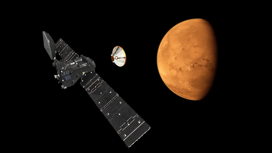 epa05585569 A handout image released on 18 September 2015 shows an artist&#039;s impression depicting the separation of the ExoMars 2016 entry, descent and landing demonstrator module, named Schiapare ...