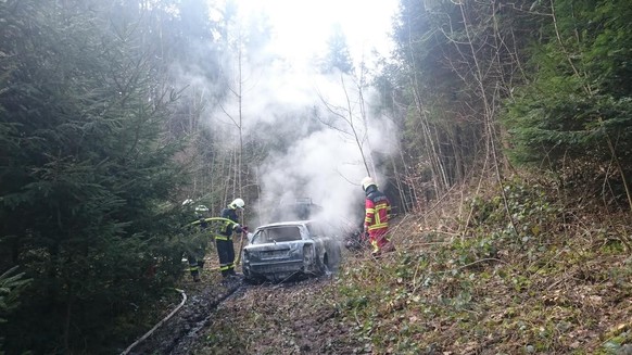Das brennende Fluchtauto in einem Waldstück zwischen Wängi und Lommis.
