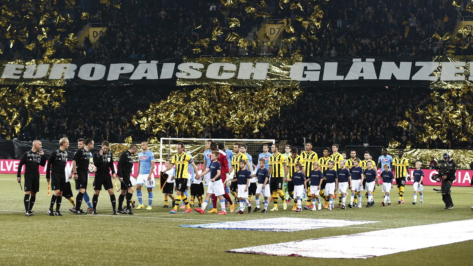 The players enter the stadium prior to their Europa League Group I stage match between Switzerland&#039;s Young Boys Bern and Italy&#039;s SSC Napoli at the Stade de Suisse Stadium in Bern, Switzerlan ...