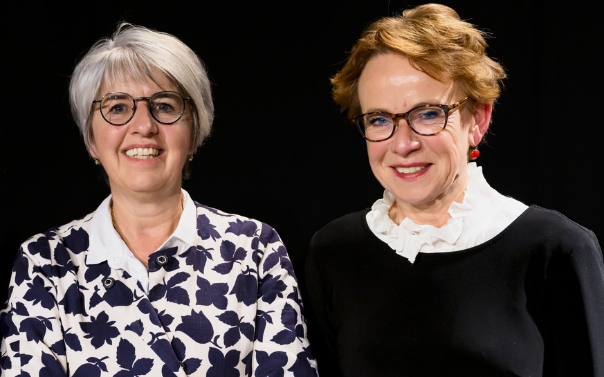 Evi Allemann, gauche, candidate PS pour le canton de Berne, Elisabeth Baume-Schneider, centre, candidate du PS pour le canton du Jura et Eva Herzog, droite, candidate PS pour le canton de Bale, posent ...