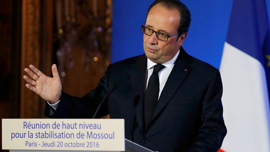 French President Francois Hollande delivers a speech during a ministerial summit to discuss on future of Mosul city post-Islamic State, in Paris, France, October 20, 2016. REUTERS/Regis Duvignau