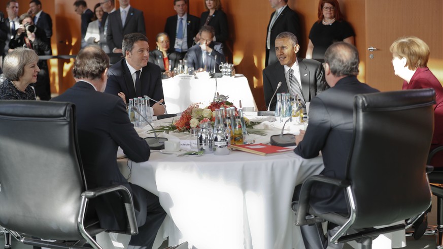 President Barack Obama, third from the right, meets with from left to right, British Prime Minister Theresa May, Spanish Prime Minister Mariano Rajoy, Italian Prime Minister Matteo Renzi, President Fr ...