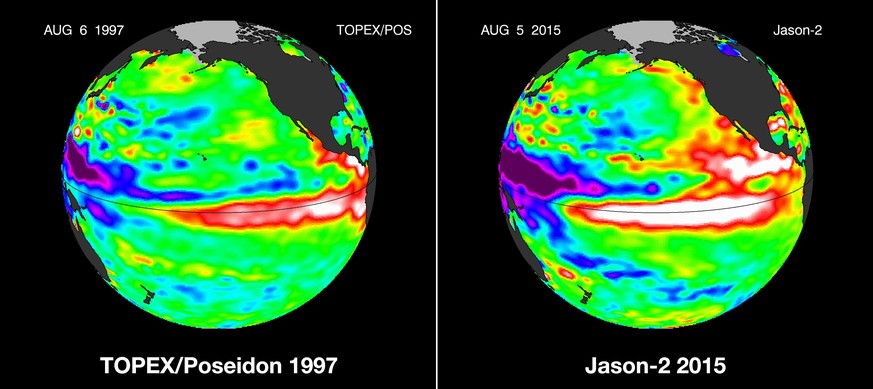 Warme Strömung erstreckt sich dieses Jahr viel weiter: Das Bild rechts zeigt die Ausdehnung von El Nino im Vergleich zu 1997.&nbsp;