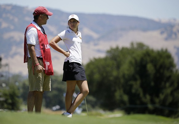 Albane Valenzuela, of Switzerland, talks with her caddie on the 10th green during the second round of the U.S. Women&#039;s Open golf tournament at CordeValle, Friday, July 8, 2016, in San Martin, Cal ...