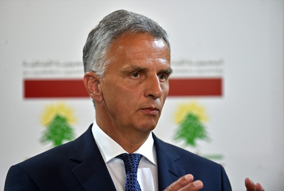 epa05326718 Swiss Foreign Minster Didier Burkhalter speaks during a joint press conference with Lebanese Foreign Affairs Minister Gibran Bassil (not pictured) after their meeting at the Foreign Minist ...