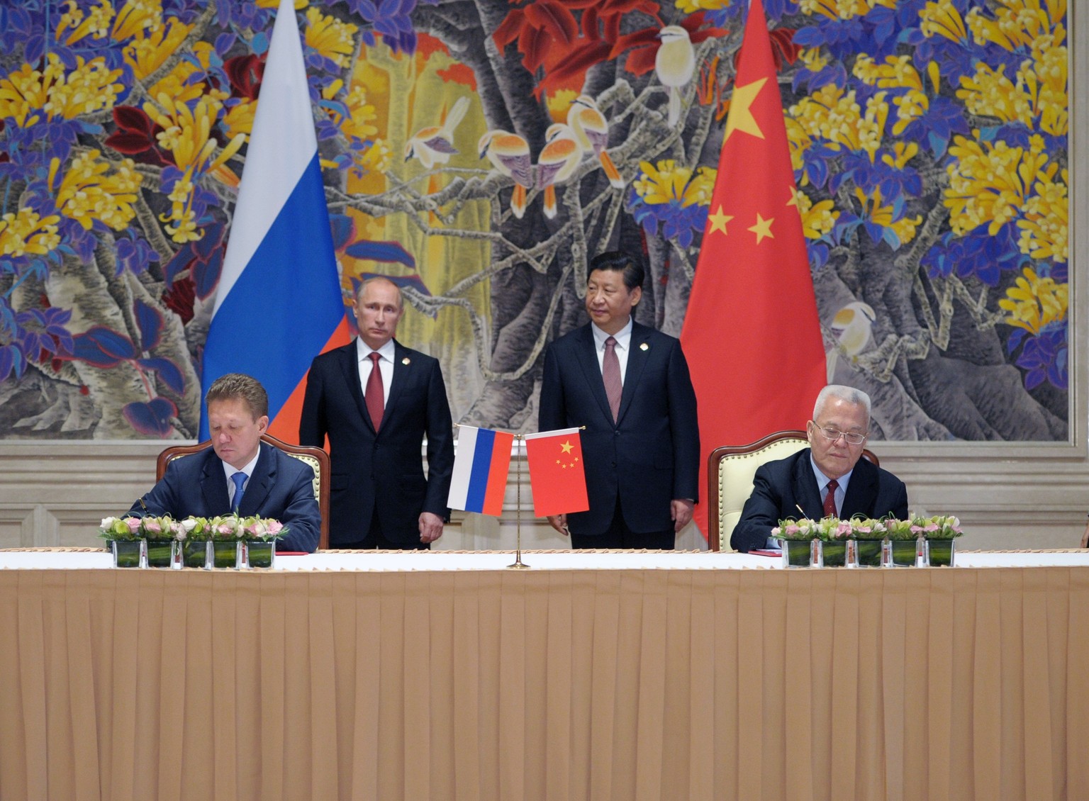 DIe Staatschefs Putin und Xi Jinping (hinten Mitte) bei der Vertragunterzeichnung zwischen Russland und China.