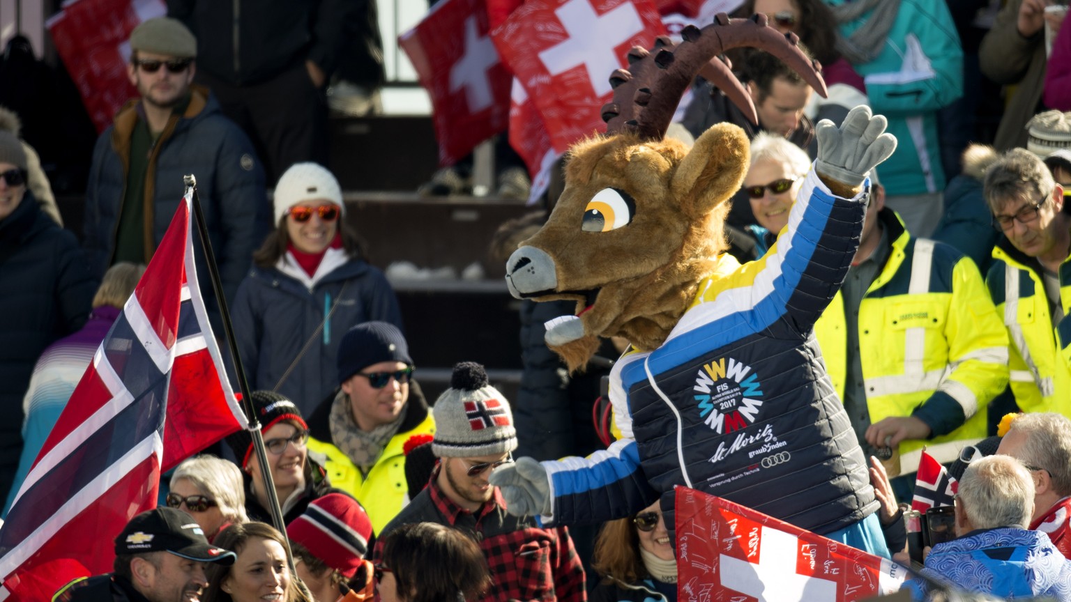 The mascot &quot;Moritz&quot;, of the FIS Alpine World Ski Championships 2017, gestures in the finish area prior the women&#039;s Super-G at the FIS Alpine Ski World Cup Finals, in St. Moritz, Switzer ...