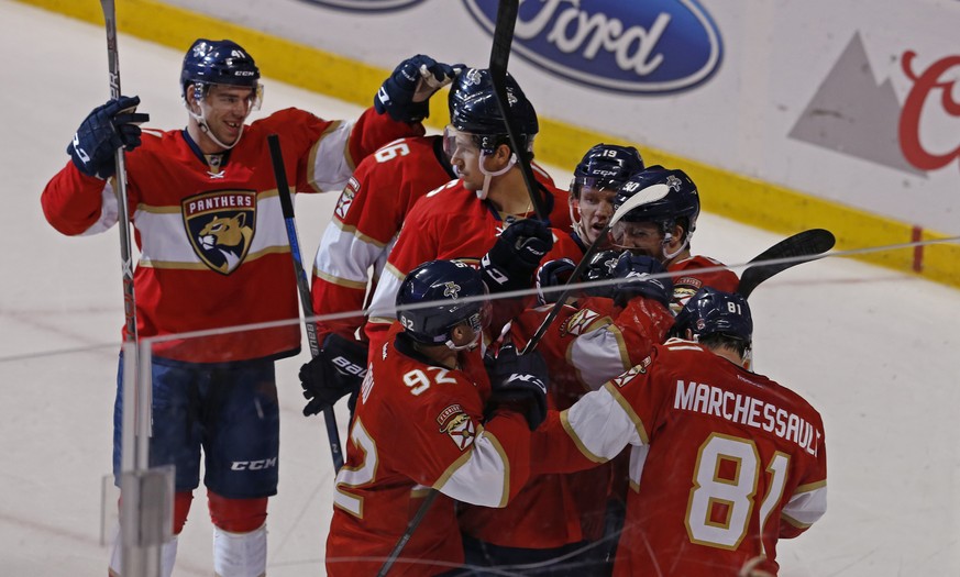 Florida Panthers players celebrate their overtime win over the New York Islanders with center Denis Malgin (obscured) who scored the winning goal in an NHL hockey game, Saturday, Nov. 12, 2016, in Sun ...