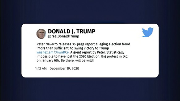 This exhibit from video released by the House Select Committee, shows a tweet by former President Donald Trump displayed at a hearing by the House select committee investigating the Jan. 6 attack on t ...