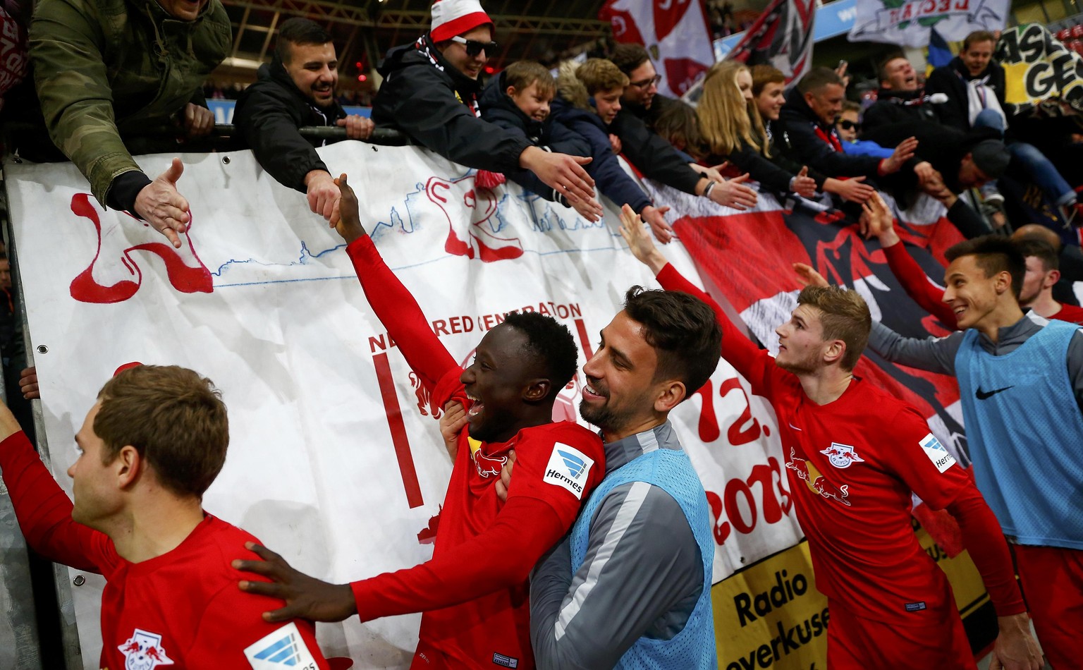 Football Soccer - Bayer Leverkusen v RB Leipzig - German Bundesliga - BayArena , Leverkusen, 18/11/16 Leipzig players with supporters after the match. REUTERS/Wolfgang Rattay DFL RULES TO LIMIT THE ON ...