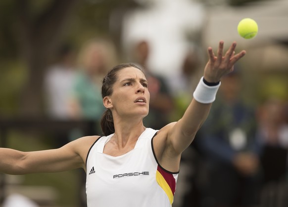 Feb 11, 2017; Maui, HI, USA; Andrea Petkovic (GER) in action during her match against Alison Riske (USA) at the USA vs Germany Fed Cup tie at the Royal Lahaina Resort. Mandatory Credit: Susan Mullane- ...