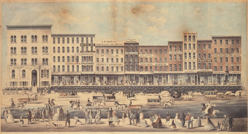 Die Anhebung der Strassenzeile an der Lake Street, Chicago, 1857. Strassen und Gebäude wurden angehoben oder verschoben, weil die Stadt über kein natürliches Abflusssystem verfügte – was den Ausbruch  ...