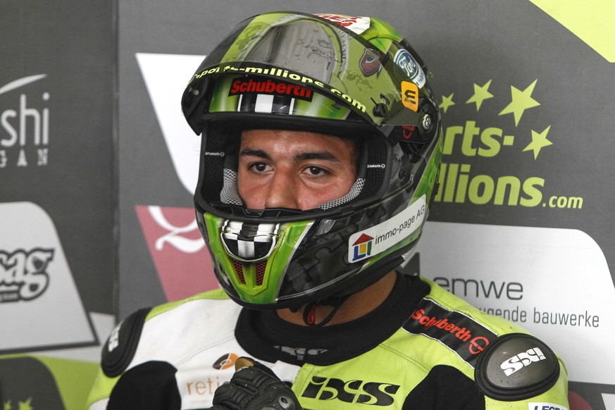 Moto2 rider Jesko Raffin of Switzerland sits in his pit garage during the third free practice session ahead of Sunday&#039;s Malaysian Motorcycle Grand Prix in Sepang, Malaysia, Saturday, Oct. 24, 201 ...