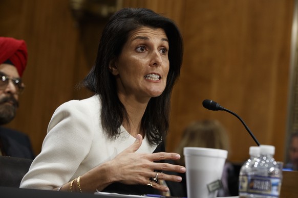 FILE - In this Jan. 18, 2017 file photo, UN Ambassador-designate, South Carolina Gov. Nikki Haley testifies on Capitol Hill in Washington at her confirmation hearing before the Senate Foreign Relation ...