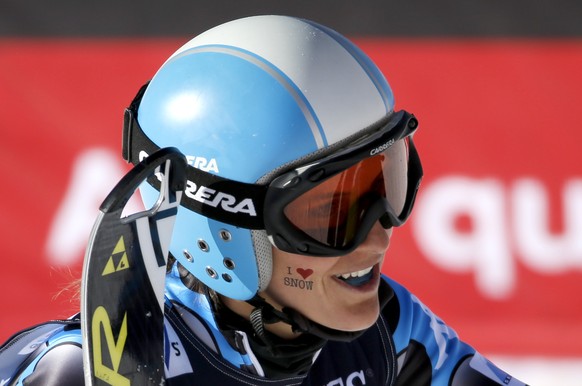Argentina&#039;s Macarena Simari Birkner celebrates after crossing the finish line during the women’s alpine slalom competition at the alpine skiing world championships, Monday, Feb. 9, 2015, in Beave ...