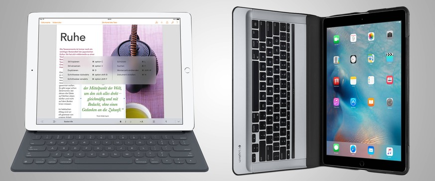 Links das iPad Pro mit Apples eigener Smart-Tastatur, rechts mit Logitech-Tastatur.