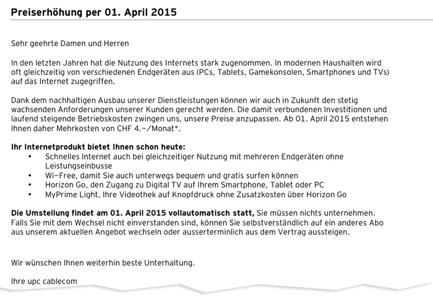 Das aktuelle Schreiben von UPC Cablecom (Smartphone-Nutzer können das Bild mit einem Klick vergrössern).