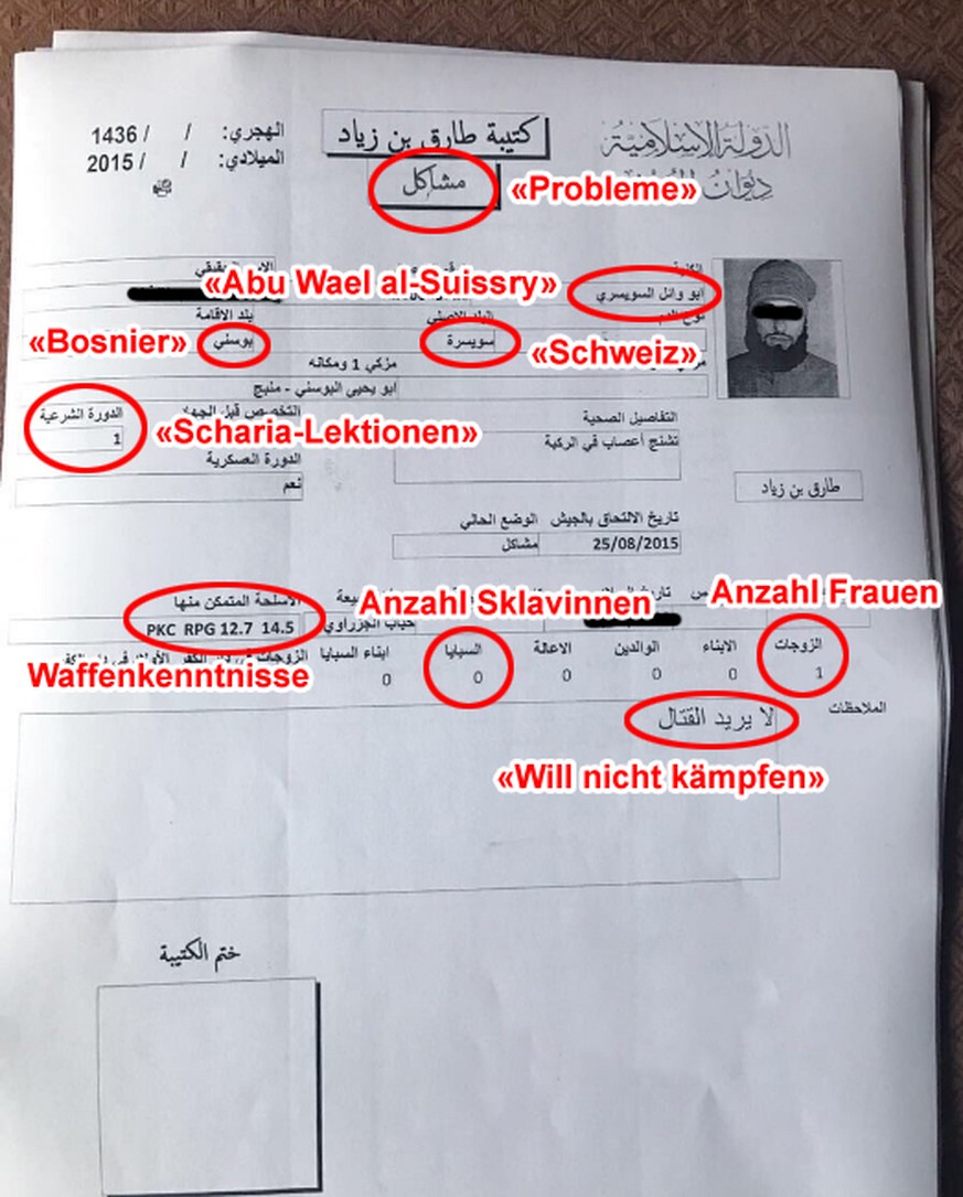 «IS»-Personalakte von «Abu Wael al-Suissry». Bürgerlicher Name, Geburtsdatum und Bild sind aus Gründen des Persönlichkeitsschutzes geschwärzt.