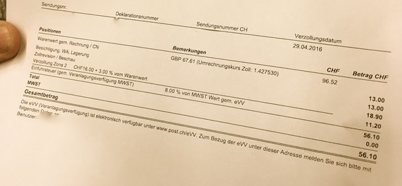 Autsch: Warenwert 96.52 Franken, Gebühr 56.10 Franken.