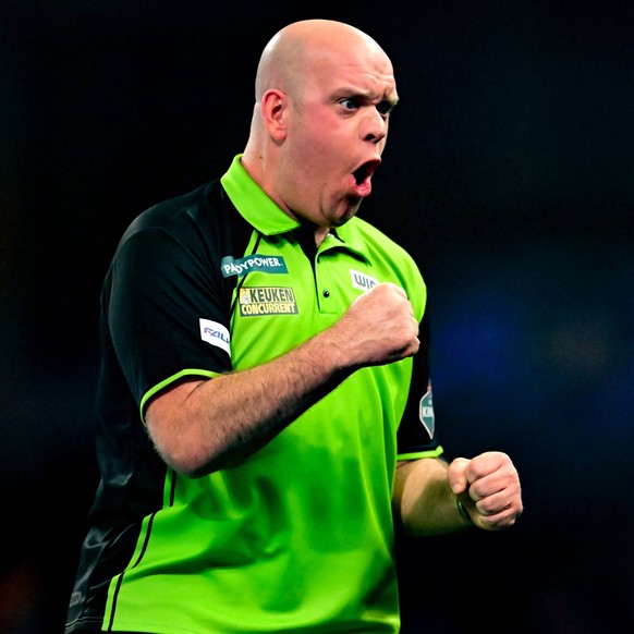 Nachrichten Linkding 02/01/2025. 2024 World Darts Champs Michael van Gerwen reacts to a set win during the 2024 Paddy Power World Darts Championship semi-final at Alexandra Palace, London, United Kingdom on 2 January 2025 ...