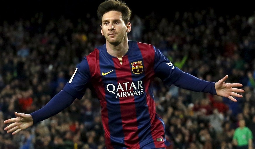 Barcelona&#039;s Lionel Messi celebrates a goal against Almeria during their Spanish first division soccer match at Camp Nou stadium in Barcelona April 8, 2015. REUTERS/Albert Gea