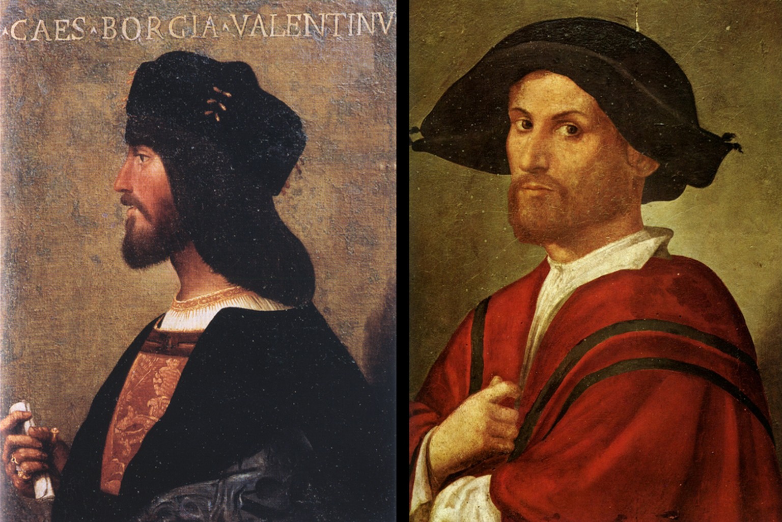 Links:&nbsp;Cesare Borgia als Herzog von Valentinois, Porträt von Bartolomeo Veneto. Rechts: Traditionell für Juan Borgia gehaltenes Porträt, entstanden nach seinem Tod.
