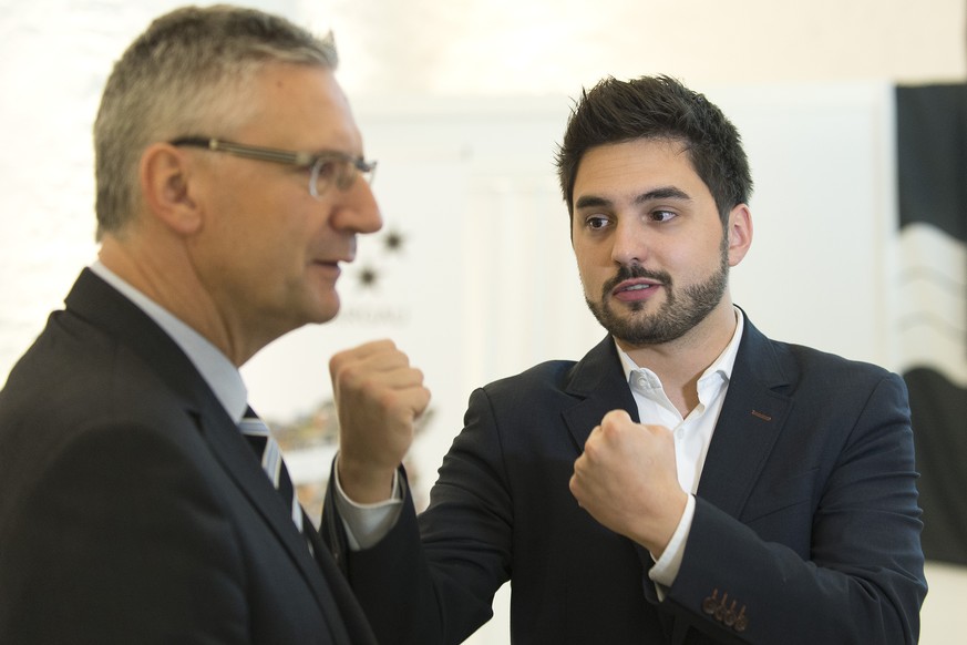 SP-Nationalrat Cédric Wermuth am 18. Oktober in Aarau. Links der neue SVP-Nationalrat Andreas Glarner.