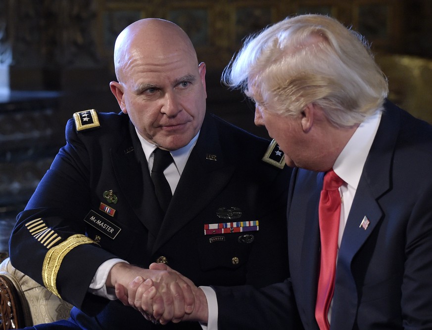 President Donald Trump, right, shakes hands with Army Lt. Gen. H.R. McMaster, left, at Trump&#039;s Mar-a-Lago estate in Palm Beach, Fla., Monday, Feb. 20, 2017, where he announced that McMaster will  ...