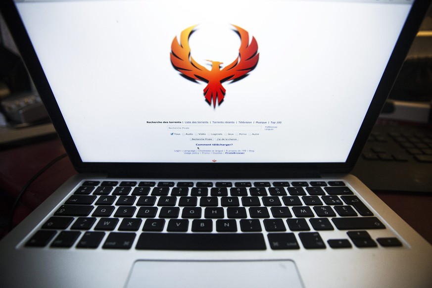 epa04598686 A computer screen displays the front page of the file sharing website Pirate Bay in Paris, France, 01 February 2015. The page presents a large logo of a phenix highlighting the rebirth of  ...