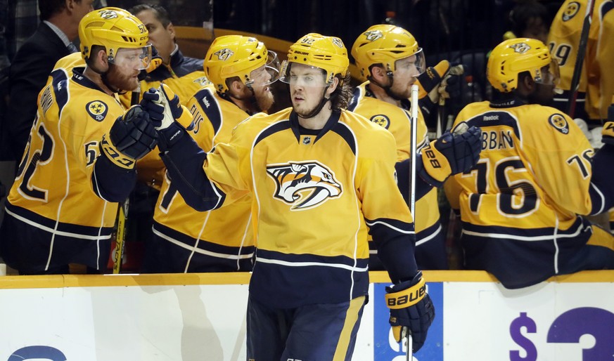 Nashville Predators center Ryan Johansen (92) is congratulated after scoring a goal against the Dallas Stars during the third period of an NHL hockey game Wednesday, Nov. 23, 2016, in Nashville, Tenn. ...