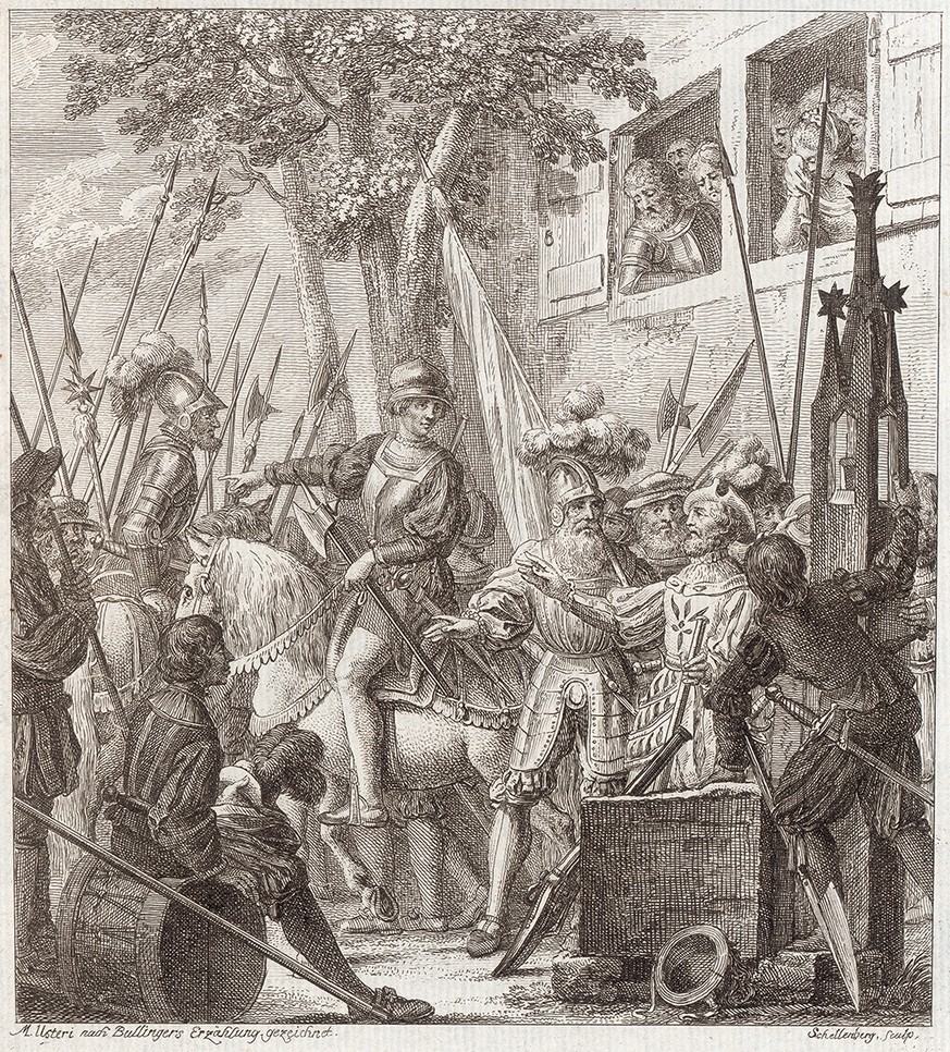Die Druckgraphik von Johann Martin Usteri (1763 - 1827) und Johann Rudolf Schellenberg (1740 - 1806) zeigt Zwingli zu Pferd umgeben von Kriegsleuten beim Auszug in die Schlacht bei Kappel 1531.