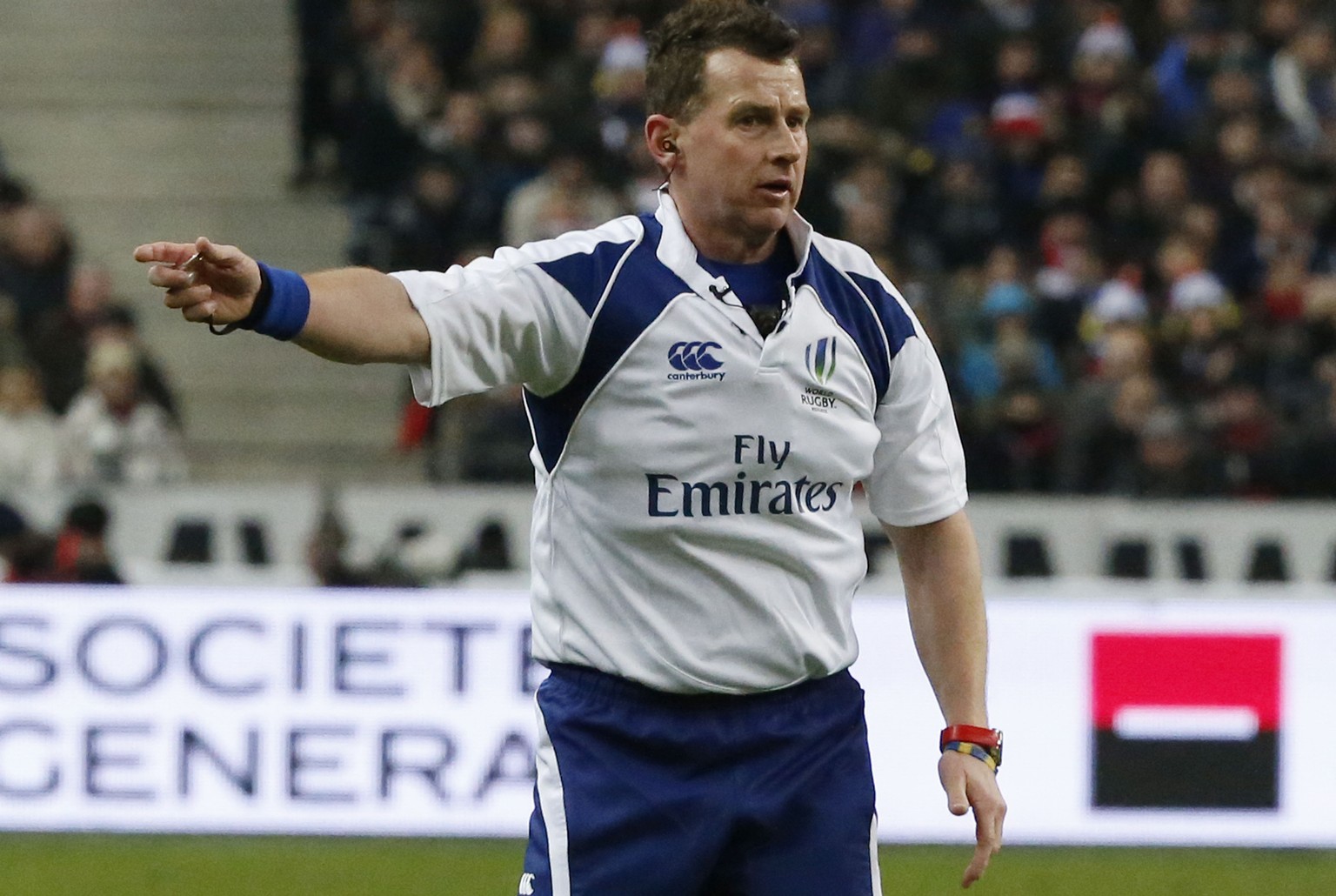FILE - This Saturday Feb. 7, 2015, file photo shows referee Nigel Owens gesturing during a six nations rugby union international match between France and Scotland at the Stade de France stadium in Sai ...
