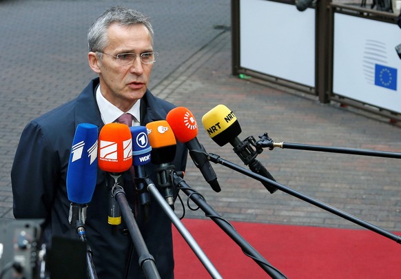 NATO Secretary-General Jens Stoltenberg briefs the media as he arrives at a European defence ministers meeting in Brussels, Belgium, November 15, 2016. REUTERS/Francois Lenoir