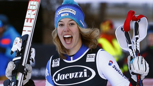 Switzerland&#039;s Michelle Gisin celebrates her second place after completing an alpine ski, women&#039;s World Cup combined, in Val d&#039;Isere, France, Friday, Dec. 16, 2016. (AP Photo/Giovanni Au ...