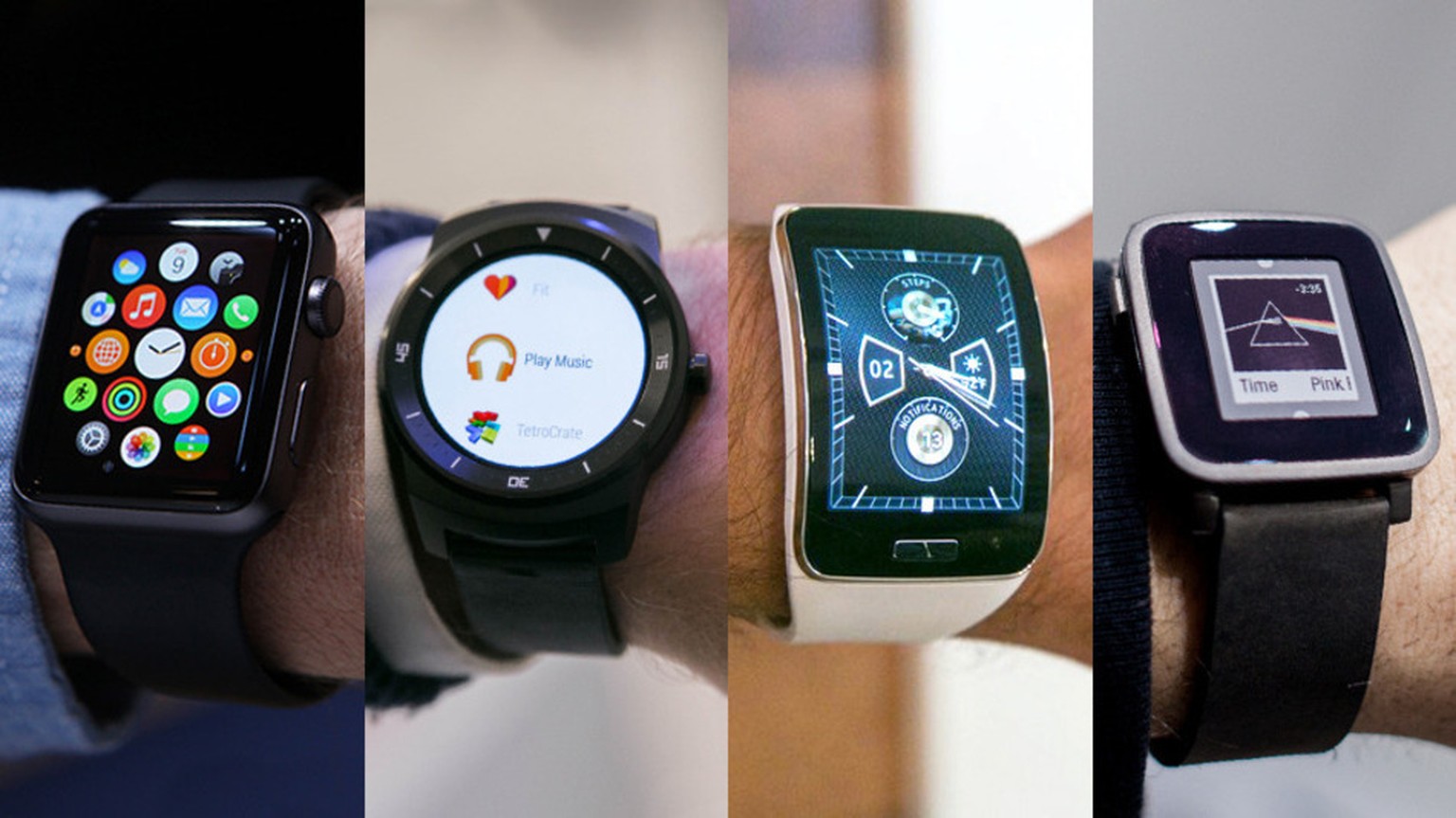 Die Smartwatch-Auswahl wächst und wächst: Apple Watch, LG G Watch R, Samsung Gear S und Pebble Time.