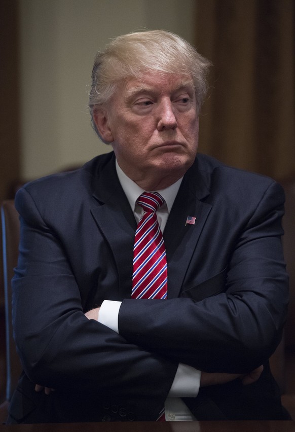 epa06055121 US President Donald J. Trump listens as he meets with immigration crime victims to urge passage of House legislation to save American lives, in the Cabinet Room at the White House, Washing ...