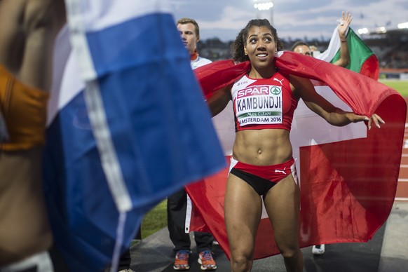 Swiss athlete Mujinga Kambundji reacts after the 100m final at the 2016 European Athletics Championships in Amsterdam, Netherlands, Friday, 08 July 2016. The 2016 European Athletics Championships will ...