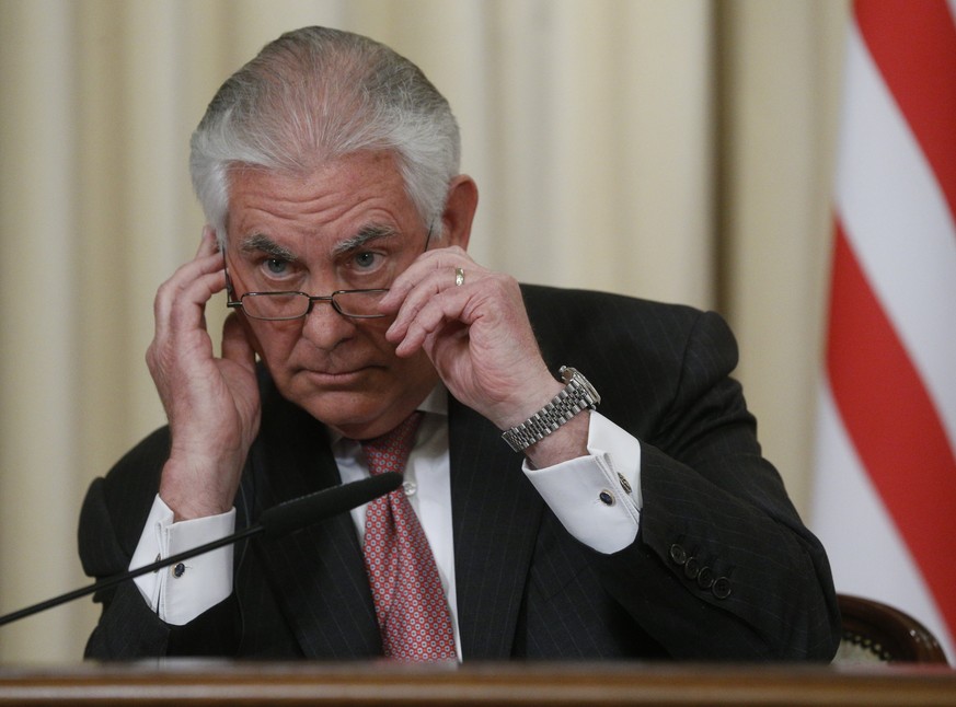 epa05904785 US Secretary of State Rex Tillerson attends a news conference after their negotiations with Russian Foreign Minister Sergei Lavrov (not pictured) in the Russian Foreign Ministry guest hous ...