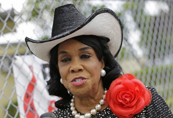 Rep. Frederica Wilson, D-Fla., talks to reporters, Wednesday, Oct. 18, 2017, in Miami Gardens, Fla. Wilson is standing by her statement that President Donald Trump told Myeshia Johnson, the widow of S ...