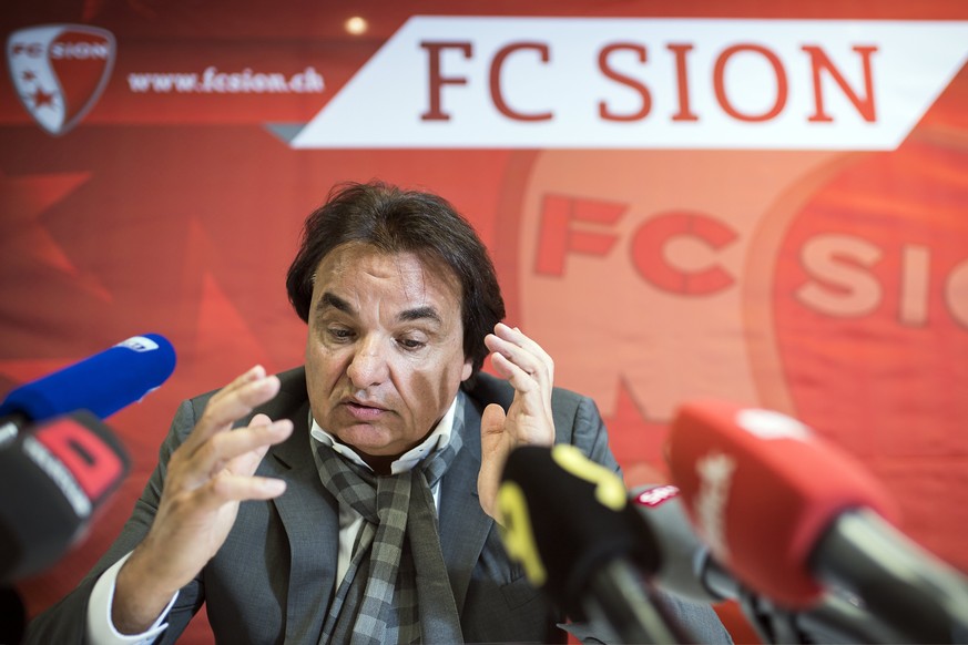 epa06219707 FC Sion soccer team president Christian Constantin attends a press conference the day after he physically attacked Rolf Fringer, in Martigny, Switzerland, 22 September, 2017. Swiss club pr ...