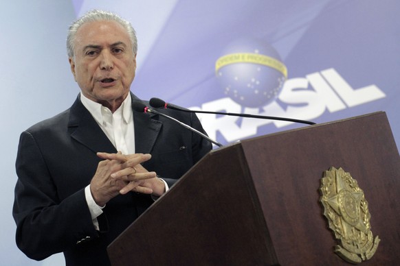 Brazil&#039;s President Michel Temer speaks during a national address from the Planalto Presidential Palace, in Brasilia, Brazil, Saturday, May 20, 2017. Temer is suggesting that an audio that purport ...