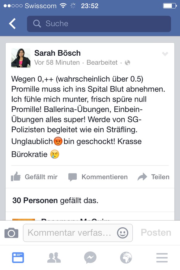 Der Screenshot von Sarah Böschs Tirade gegen die St.Galler Kantonspolizei.&nbsp;