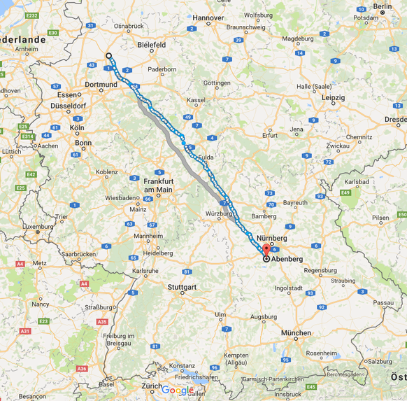 Gut 500 Kilometer sind es von Abenberg nach Münster.